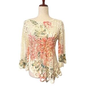 BOSTON PROPER Womens S Open Knit Crochet Top Sweater Ivory Pink Green Asymmetric